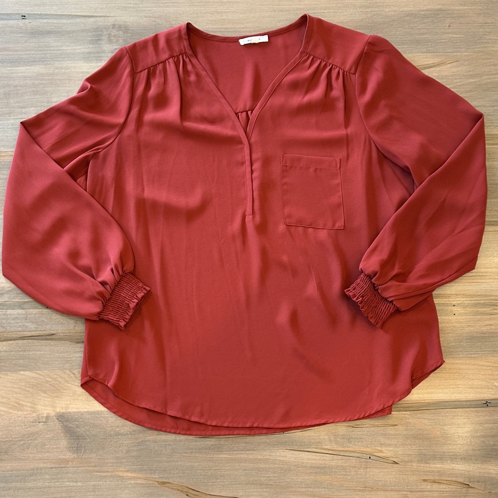Pleione Brick Red V-Neck Long Sleeve Blouse